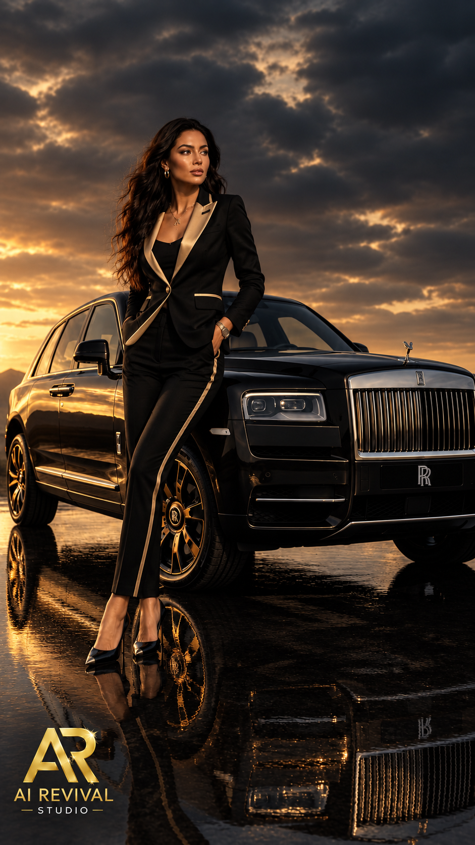 Woman in a tailored black AI Revival suit with gold lapels standing beside a black luxury car at sunset
