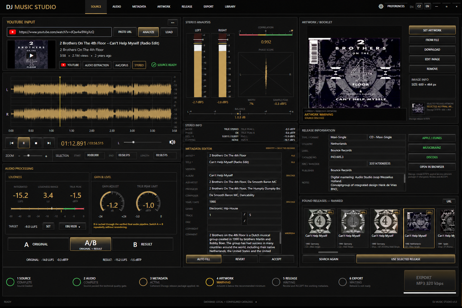 DJ Music Studio LIGHT interface showing the direct YouTube input module, waveform analysis, metadata, artwork and release workflow