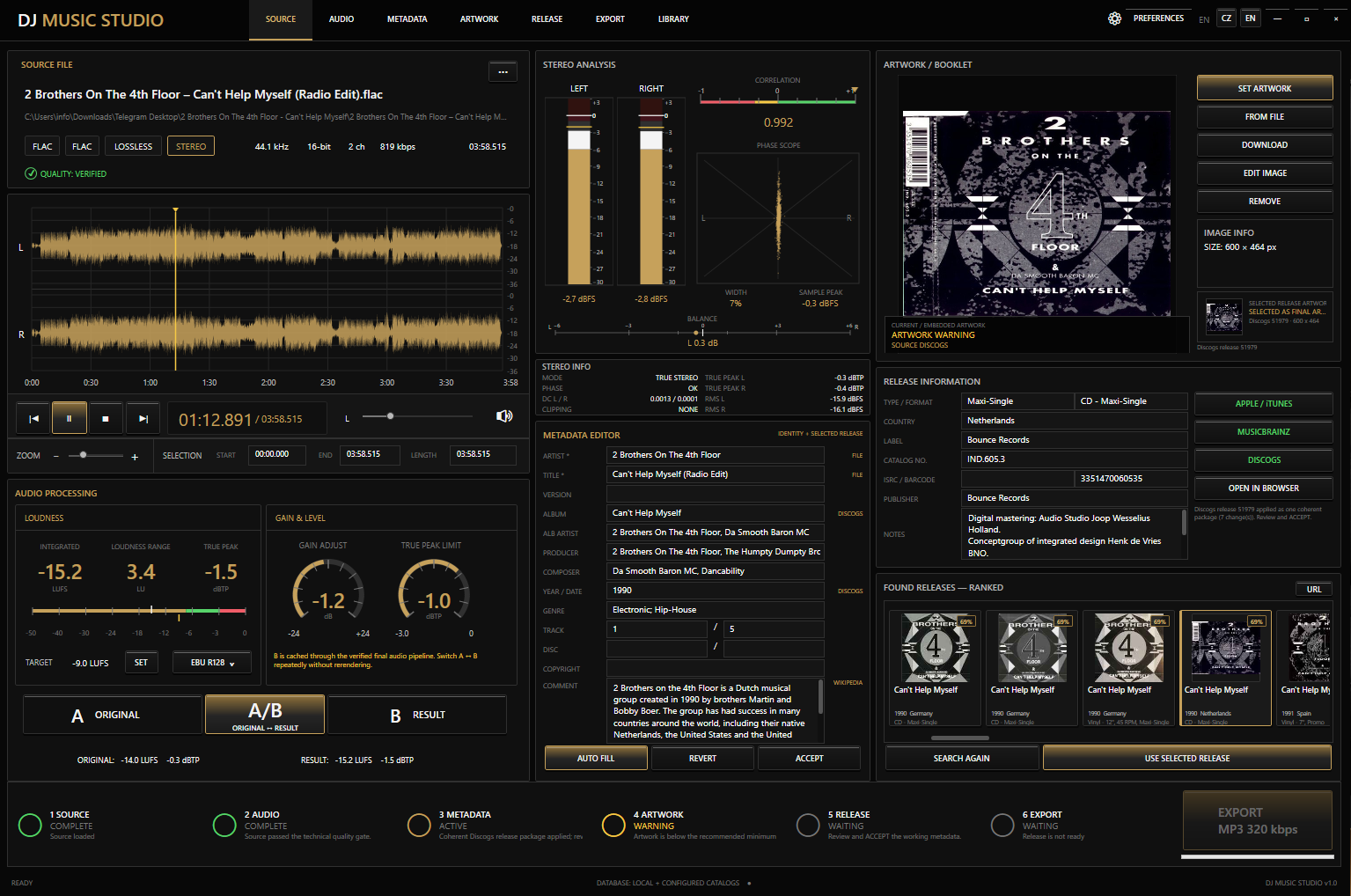 DJ Music Studio PRO interface showing local file input, waveform and stereo analysis, metadata, artwork and release matching