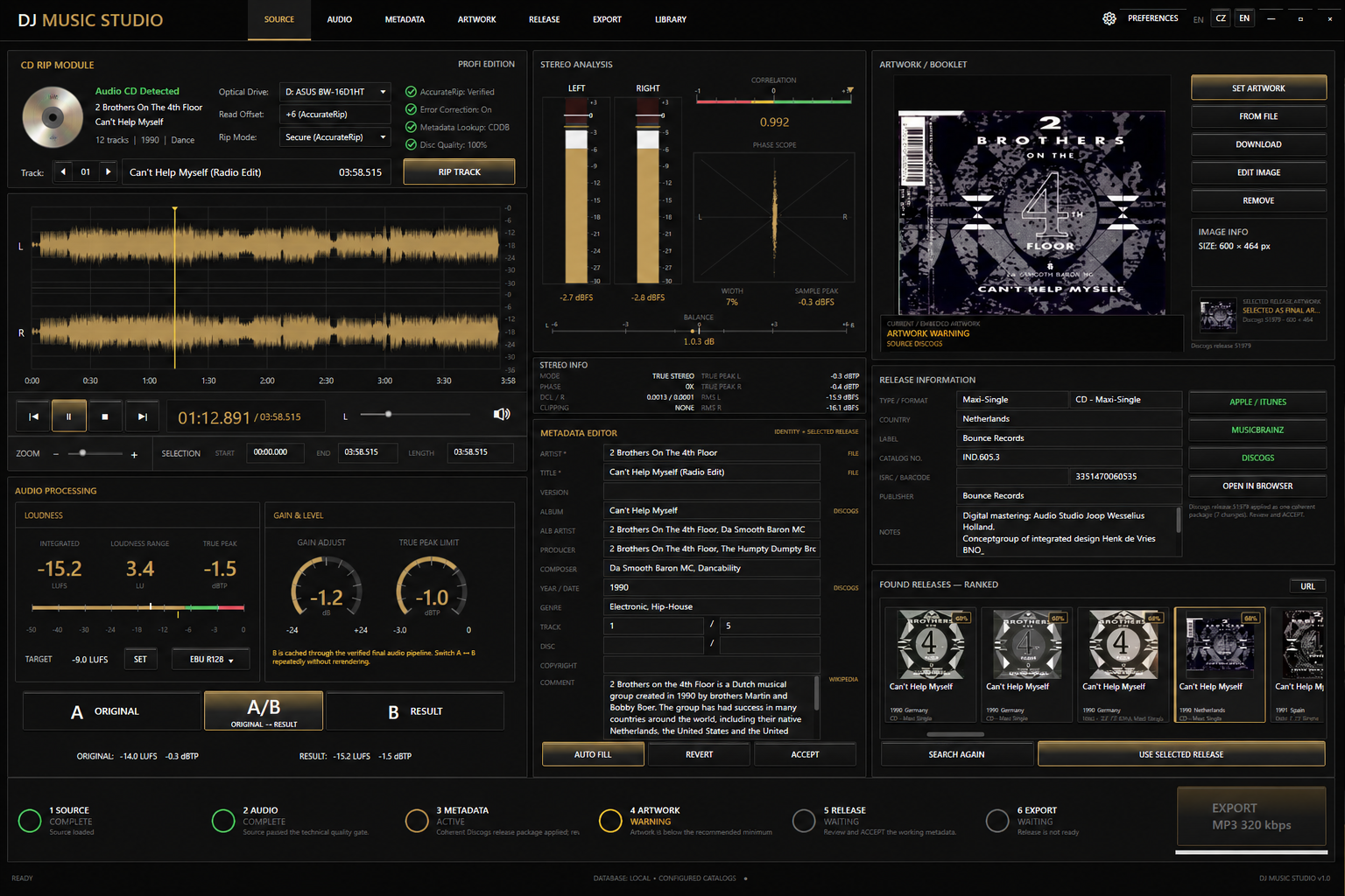 DJ Music Studio PROFI interface with the direct Audio CD RIP module, waveform analysis, metadata, artwork and release workflow